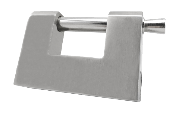 Stainless steel rectangular padlock, hardened steel shackle, polished surface
