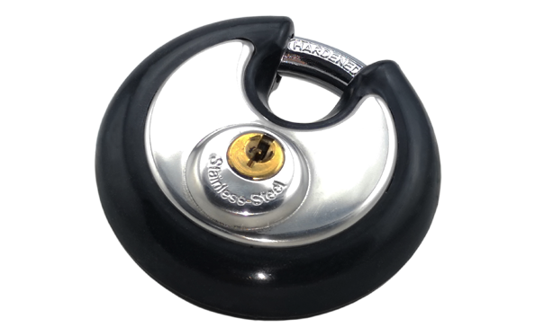 Stainless steel disc padlock with rubber cover, hardened steel shackle, body protection